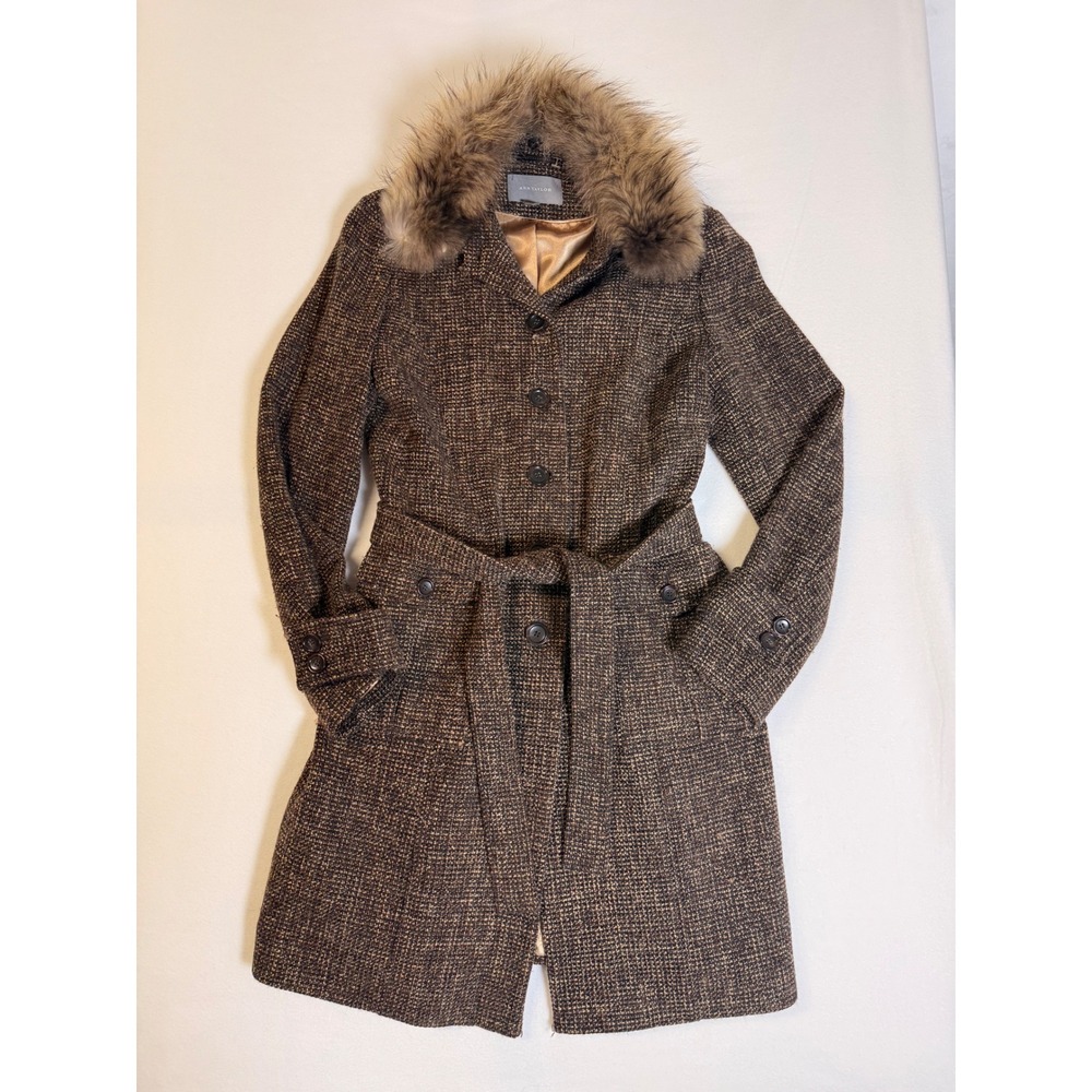 Ann Taylor Brown Tweed Faux Fur Collar Belted Coat Size 6 Wool Blend Trench